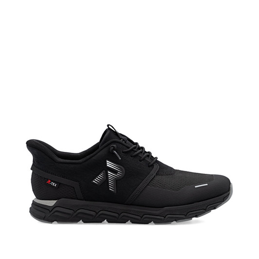 Rieker M9051-00 Evolution black athletic sneaker with reflective accents. Lightweight with R-TEX waterproofing.