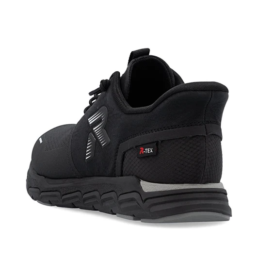 Rieker M9051-00 Evolution black athletic sneaker with reflective accents. Lightweight with R-TEX waterproofing.