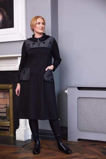 ORA Clothing ORW25118 Hooded dress with zip and contrast eyelet panels and pocket detail Black/Grey  908