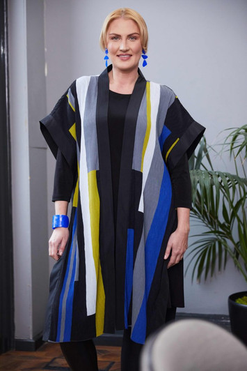 ORA Clothing ORW25124 Color block long line cardi with plain underdress Lapis/Black 629