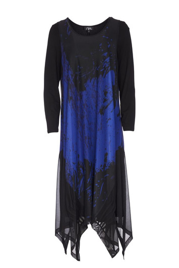 ORA Clothing ORW25161 Soft mesh print round neck dress with jersey underdress Lapis 62