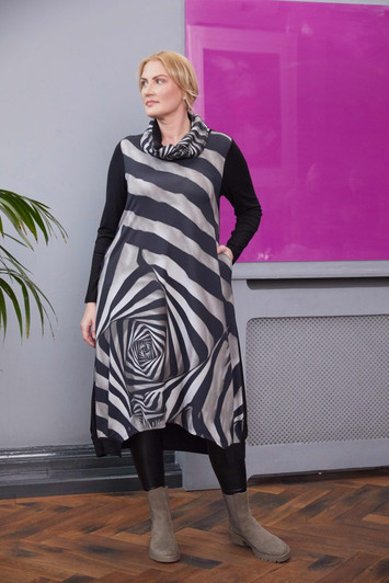 ORA Clothing ORW25167 V neck  print dress with cut away hem and neckscarf Taupe/Black 779