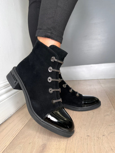 Lorette Vital mock lace-up boot (C3896) pairs soft black suede with a patent leather toe cap for a contemporary edge