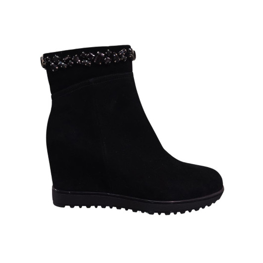 The Lorette Vital wedge boot (C3854) is crafted in black suede with a statement jewel-embellished collar.