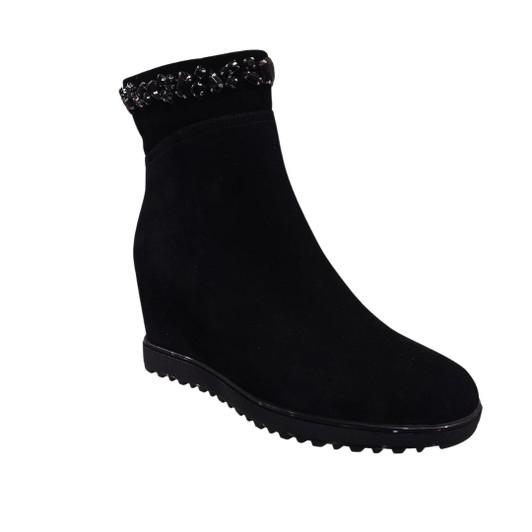 The Lorette Vital wedge boot (C3854) is crafted in black suede with a statement jewel-embellished collar.
