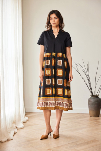 PERUZZI S26104 CONTRAST TILE PRINT DRESS BLACK