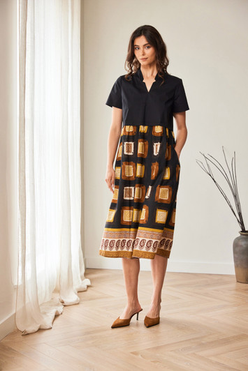 PERUZZI S26104 CONTRAST TILE PRINT DRESS BLACK