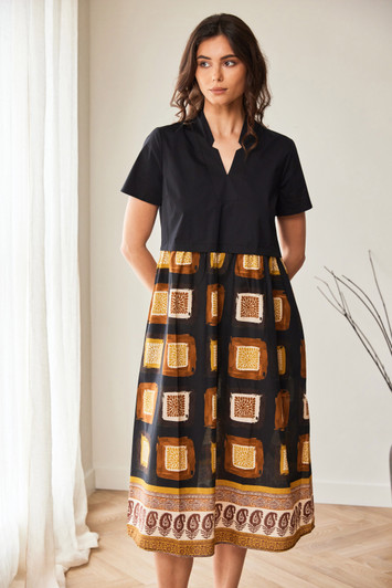 PERUZZI S26104 CONTRAST TILE PRINT DRESS BLACK