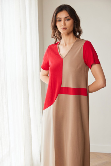 PERUZZI S26147 COLOUR BLOCK DRESS RED/TAUPE