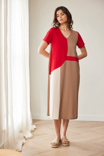 PERUZZI S26147 COLOUR BLOCK DRESS RED/TAUPE