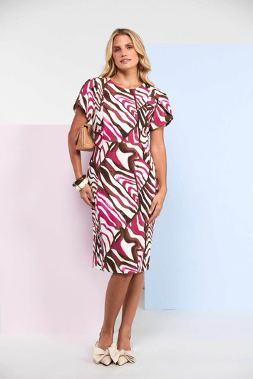 Kate Cooper KCS26158 Print dress with wrap over sleeve  Hot Pink (49)
