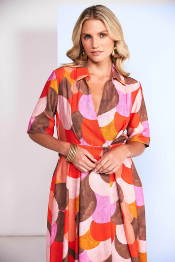 Kate Cooper KCS26129 Polka dot colour mix mock wrap dress with button waist Strawberry Cream (43)