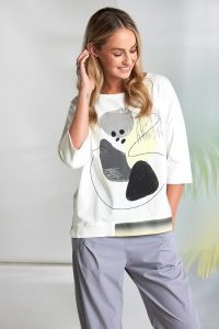 NAYA NAS26124 Placement print top with contrast hempanel at front  White/lemon 137