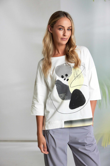 NAYA NAS26124 Placement print top with contrast hempanel at front  White/lemon 137