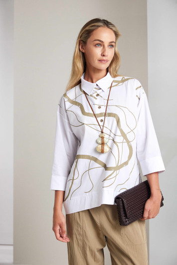 NAYA NAS26215 Placket print top with contrast hempanel and cuff White/tan  175