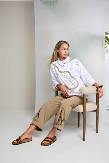NAYA NAS26215 Placket print top with contrast hempanel and cuff White/tan  175