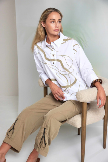 NAYA NAS26215 Placket print top with contrast hempanel and cuff White/tan  175