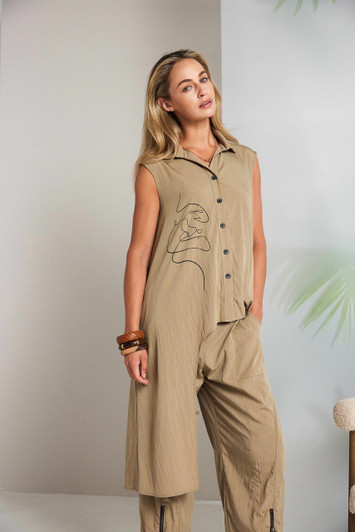 NAYA NAS26218 Placement print top with long side panels Tan 75
