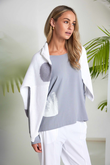 NAYA NAS26143 Placement print round neck top Dove/White 831