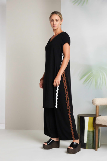 NAYA NAS26234 Wide leg trouser with contrast ribbon trim at side seam Black/Choc 973