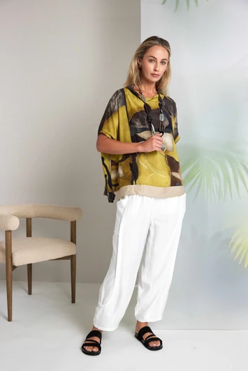 NAYA NAS26275 High neck square shape print top with contrast hem Oasis 35