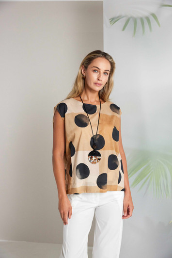 NAYA NAS26277 Spot print round neck top Tan 75
