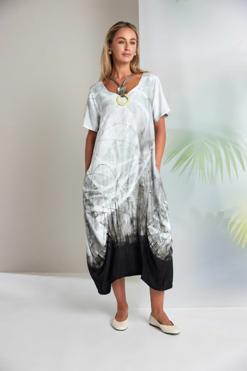 NAYA NAS26306 Border print round neck dress Taupe 71