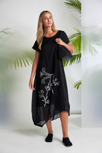 NAYA NAS26287 Placement print waisted dress with elasticated hemline Black/White 901