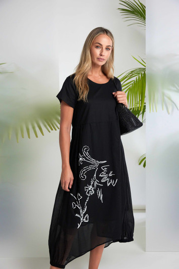 NAYA NAS26287 Placement print waisted dress with elasticated hemline Black/White 901