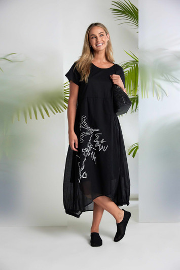 NAYA NAS26287 Placement print waisted dress with elasticated hemline Black/White 901