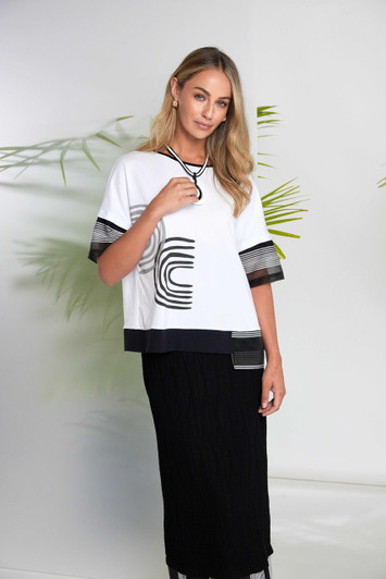NAYA NAS26259 Placement print top with stripe hem panel and cuff White/Black  109