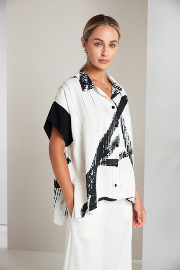 NAYA NAS26318 Brush stroke print blouse with contrast cuff Cream/Black  129