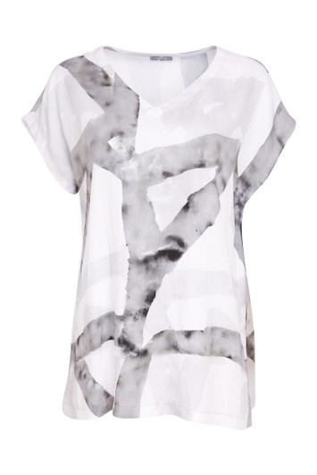 NAYA NAS26314 Marbled ribbon print vee neck top White/Granite 182