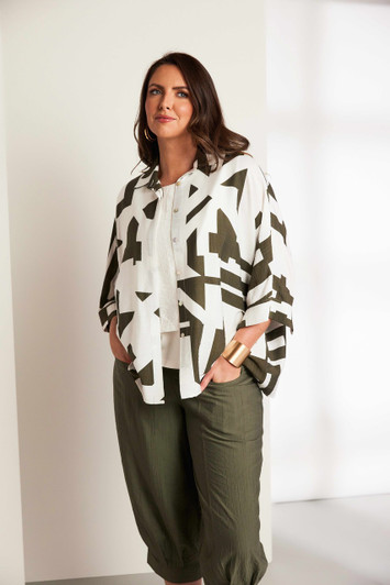 ORA Clothing ORS26143 Grapic print shirt with cuff detail White/Army