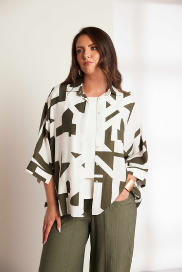 ORA Clothing ORS26143 Grapic print shirt with cuff detail White/Army