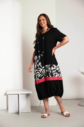 ORA Clothing ORS26136 Round neck dress with print panels and colour band Black/Hot Pink
