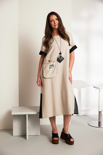 ORA Clothing ORS26135 Round neck dress with print pocket and mesh cuff Black/stone