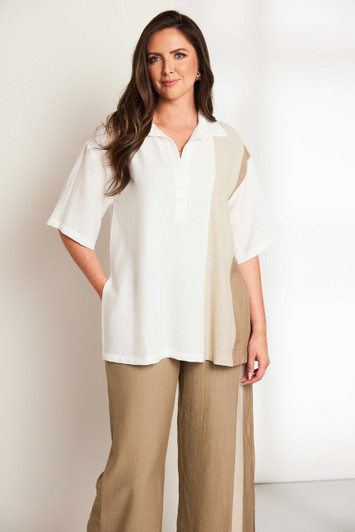 ORA Clothing ORS26141 Crinkle effect top with collar and contrast side panel White/Pebble