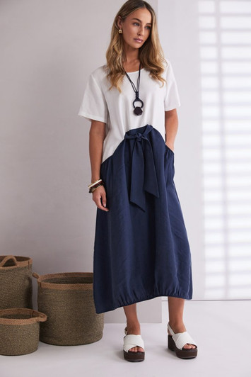NAYA NPA26127 Round neck dress with contrast color skirt with tie belt