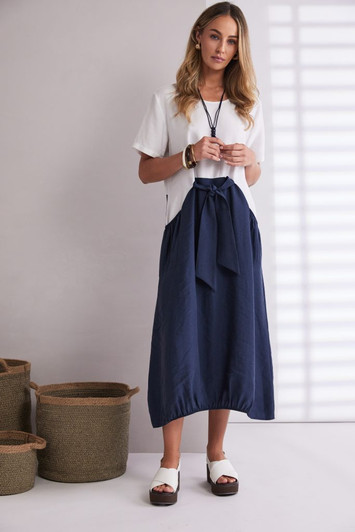 NAYA NPA26127 Round neck dress with contrast color skirt with tie belt