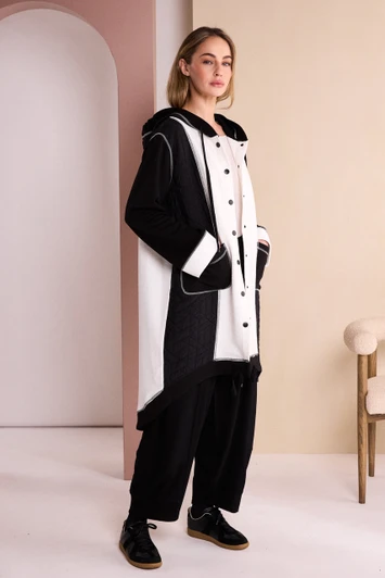 NAYA NAW26151 Two Tone Hooded Coat With Stud Front And Coverseam Stitch Detail