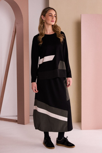 NAYA NAW26172 Drawstring Hem Skirt With Color Angled Panels At Hemline