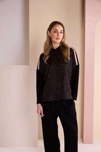 NAYA NAW26312 Animal Print Top With Collar And Contrast Sleeve