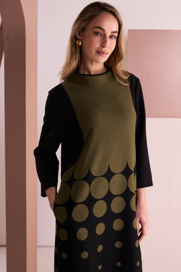 NAYA NAW26268 Spot Border Print High Neck Dress With Contrast Sleeve