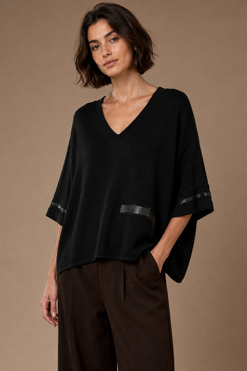 W26601 PLEATHER TRIM KNIT BLACK