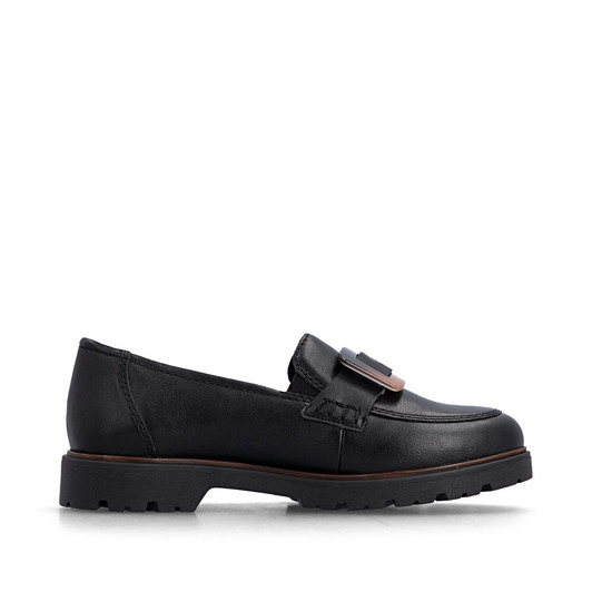 Rieker 45553-00 Black comfort shoe with adjustable strap, chunky sole and everyday walking design.