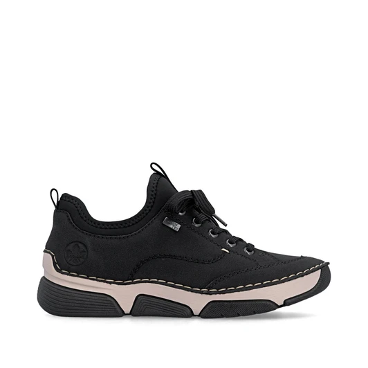 Rieker 45976-00 Black waterproof casual trainer with mesh detailing, chunky white sole and modern athletic