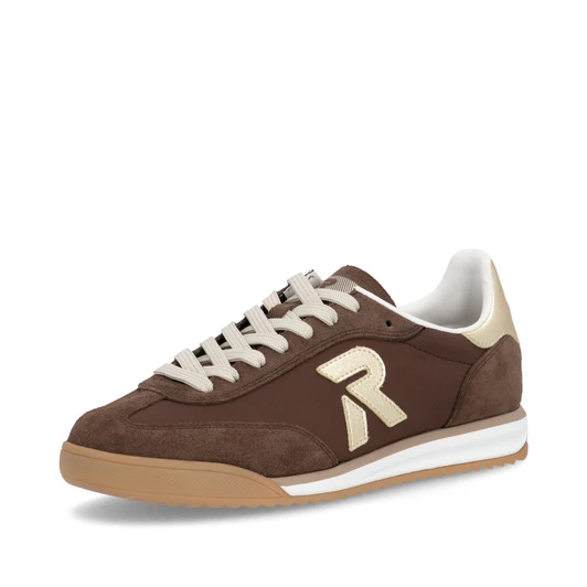 Rieker W4000-25 Retro trainer in tobacco brown with cream sole and signature side logo. Vintage sports styling.