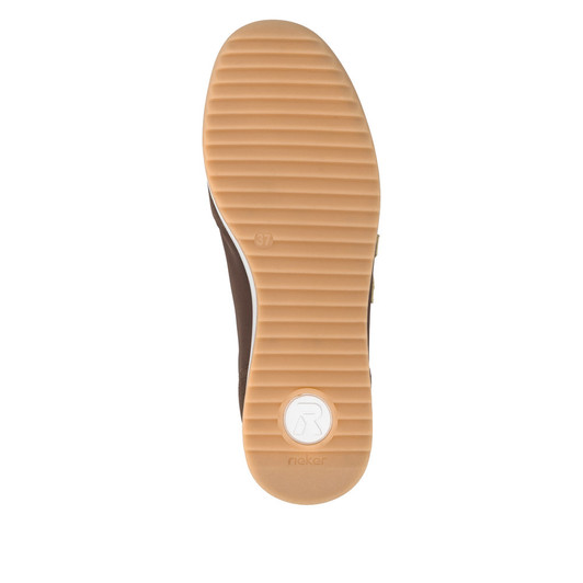 Rieker W4000-25 Retro trainer in tobacco brown with cream sole and signature side logo. Vintage sports styling.