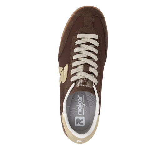 Rieker W4000-25 Retro trainer in tobacco brown with cream sole and signature side logo. Vintage sports styling.